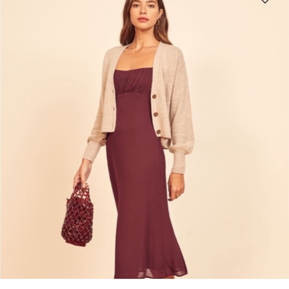 NWT Reformation Arie Midi dress plum burgundy red color with ruched square neck - Picture 2 of 9